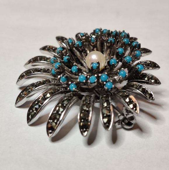 Vintage 60s Germany Silver 935 Chrysanthemum Flower Marcasite Brooch - Picture 2 of 16